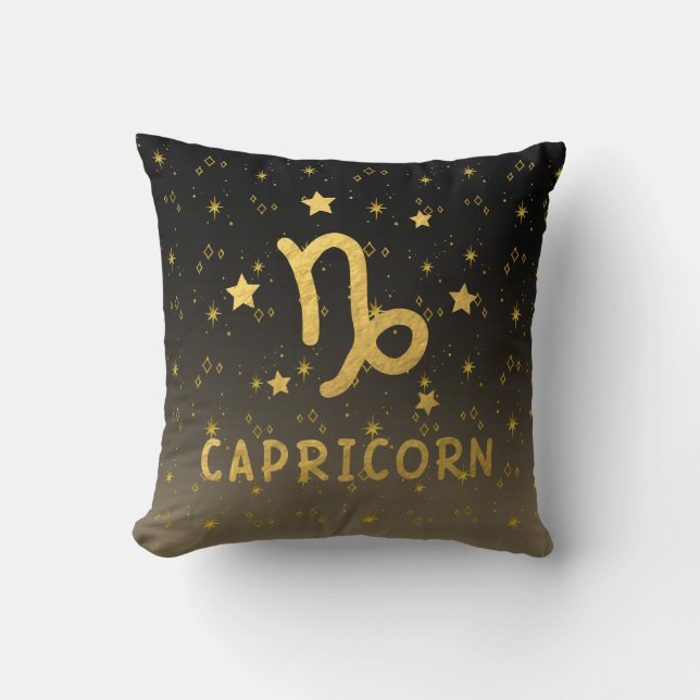 Capricorn Zodiac Black and Gold Throw Pillow (Front)