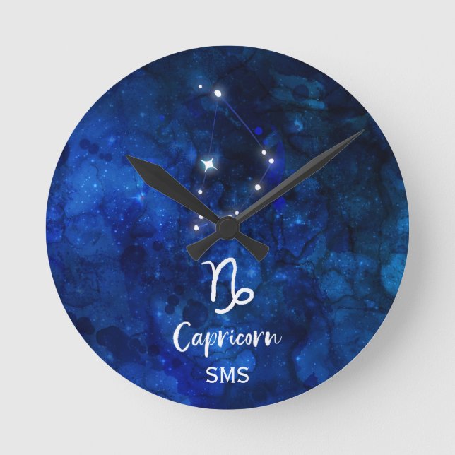 Capricorn Zodiac Constellation Galaxy Sky Monogram Round Clock (Front)