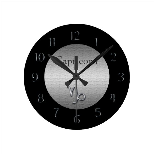 Capricorn Zodiac-Faux Brushed Silver/Black Round Clock