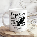 Capricorn Zodiac Horoscope Custom Name  Coffee Mug<br><div class="desc">Celebrate the ambitious and disciplined nature of Capricorn with the Capricorn Zodiac Horoscope Custom Name Coffee Mug. This sleek mug features a pristine white background adorned with sophisticated black Capricorn horoscope graphics and key characteristics that reflect the determination and practicality of this earth sign. Personalize it with a name to...</div>