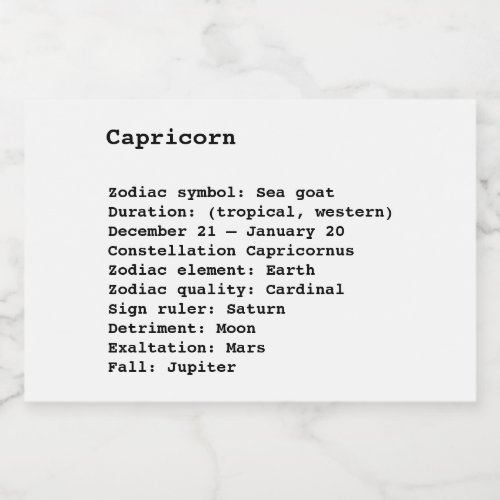Capricorn Zodiac Sign Astrology birth star Food Label