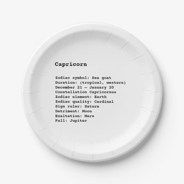 Capricorn Zodiac Sign Astrology black white birth Paper Plates (Front)