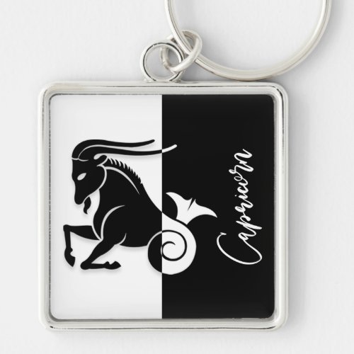 Capricorn Zodiac Sign Black  White Keychain