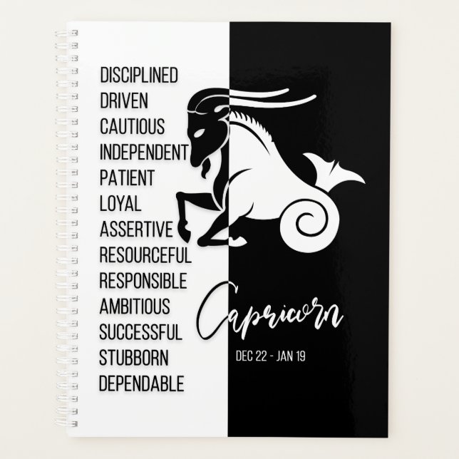Capricorn Zodiac Sign, Black & White Planner (Front)