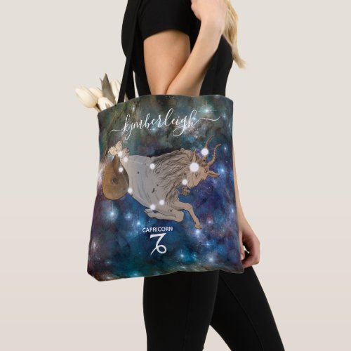 Capricorn Zodiac Sign Cosmic Monogram Name Blue Tote Bag