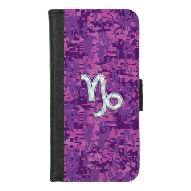 Capricorn Zodiac Sign Fuchsia Digital Camouflage iPhone Wallet Case (Front)