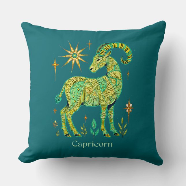 Capricorn Zodiac Sign in Intricate Patterns Throw Pillow (Front)