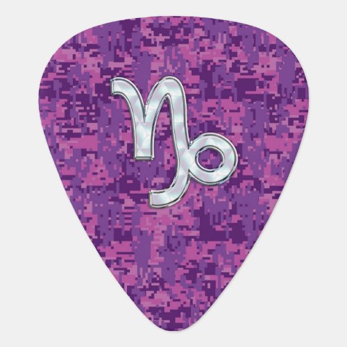 Capricorn Zodiac Sign on Fuchsia Digital Camo Guitar Pick