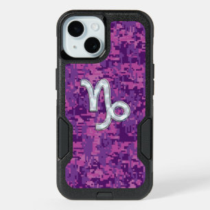 Capricorn Zodiac Sign on Fuchsia Digital Camo iPhone 15 Case