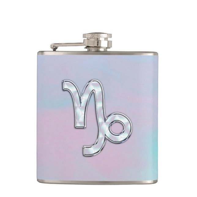 Capricorn Zodiac Sign on Mother of Pearl Style Flask (Front)