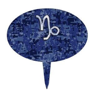 Capricorn Zodiac Sign on navy blue digital camo Cake Topper