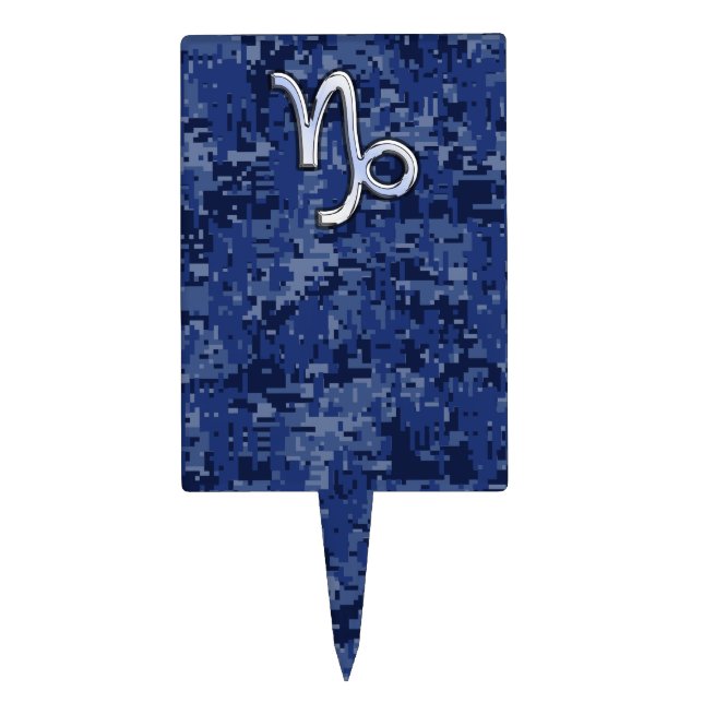 Capricorn Zodiac Sign on navy blue digital camo Cake Topper (Front)