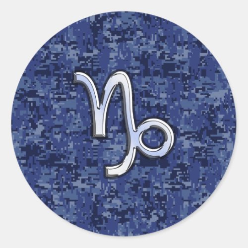 Capricorn Zodiac Sign on navy blue digital camo Classic Round Sticker