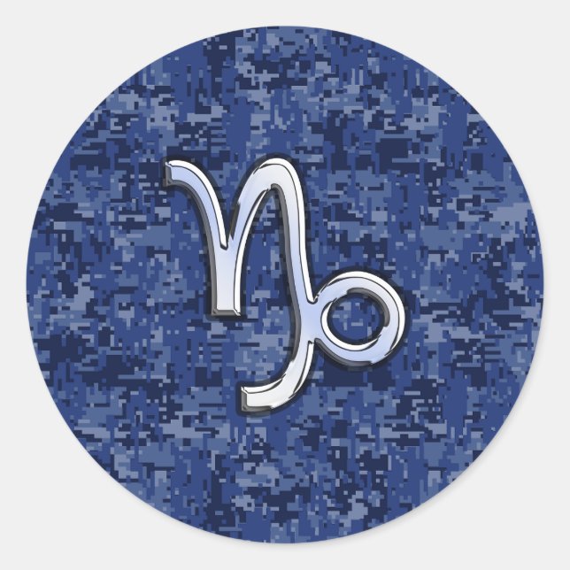 Capricorn Zodiac Sign on navy blue digital camo Classic Round Sticker (Front)