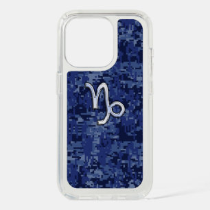 Capricorn Zodiac Sign on navy blue digital camo iPhone 15 Pro Case