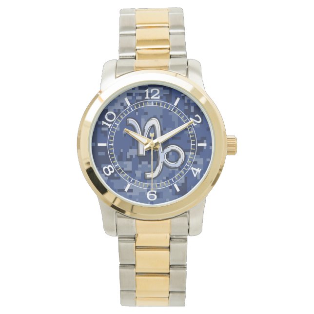 Capricorn Zodiac Sign on Navy Camouflage Dial Watch (Front)