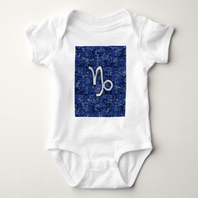 Capricorn Zodiac Sign on Navy Digital Camouflage Baby Bodysuit (Front)