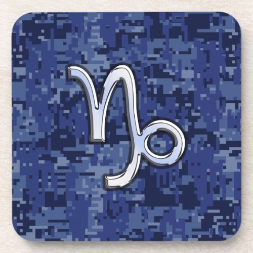 Capricorn Zodiac Sign on Navy Digital Camouflage Drink Coaster