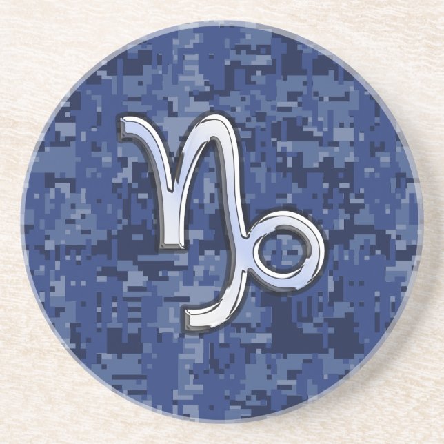 Capricorn Zodiac Sign on Navy Digital Camouflage Drink Coaster (Front)