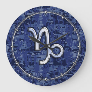 Capricorn Zodiac Sign on Navy Digital Camouflage Large Clock