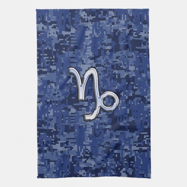 Capricorn Zodiac Sign on Navy Digital Camouflage Towel (Vertical)