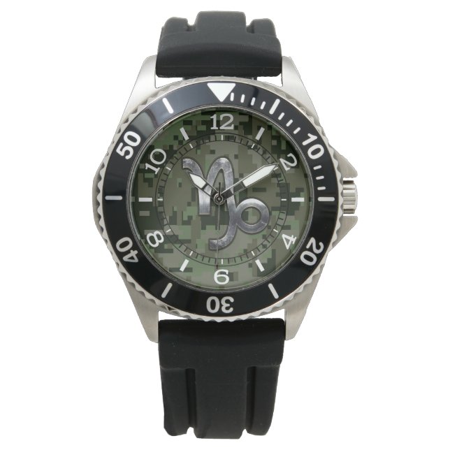 Capricorn Zodiac Sign on olive green camo dial Watch (Front)