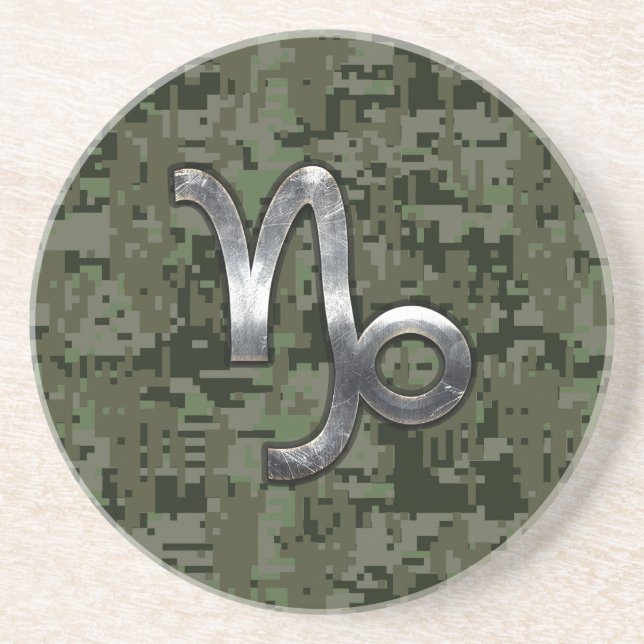 Capricorn Zodiac Sign on olive green digital camo Drink Coaster (Front)