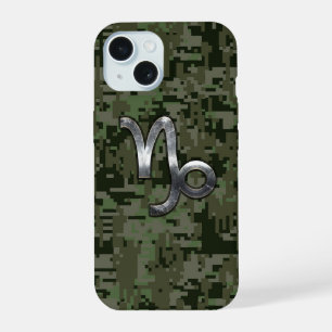 Capricorn Zodiac Sign on olive green digital camo iPhone 15 Case