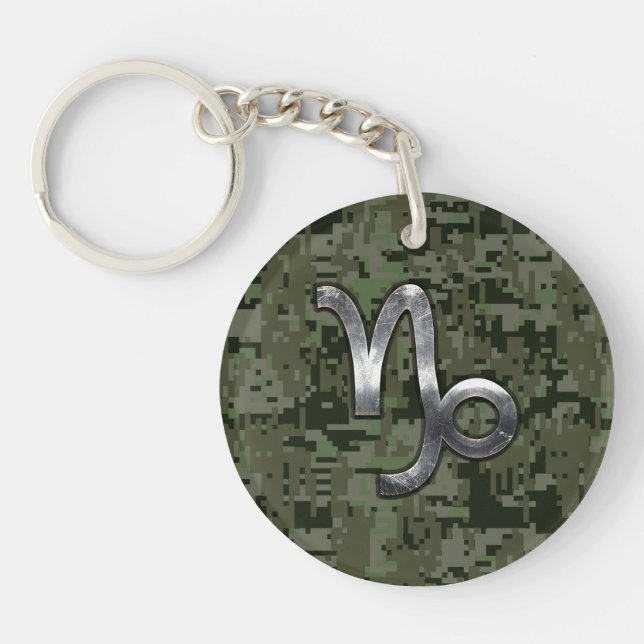Capricorn Zodiac Sign on olive green digital camo Keychain (Front)