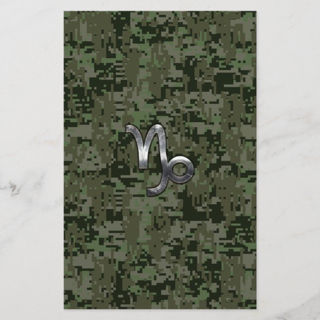Capricorn Zodiac Sign on olive green digital camo Stationery (Front)