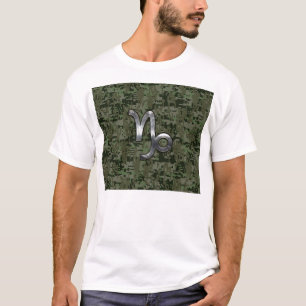 Capricorn Zodiac Sign on olive green digital camo T-Shirt