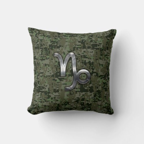 Capricorn Zodiac Sign on olive green digital camo Throw Pillow