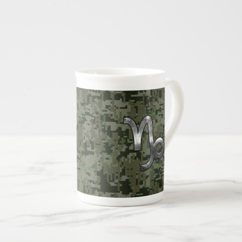 Capricorn Zodiac Sign on Woodland Digital Camo Bone China Mug