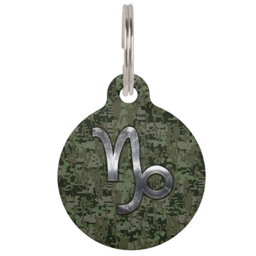 Capricorn Zodiac Sign on Woodland Digital Camo Pet Name Tag