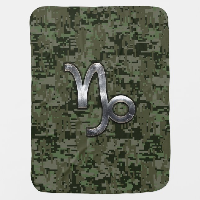 Capricorn Zodiac Sign on Woodland Digital Camo Receiving Blanket (Front)