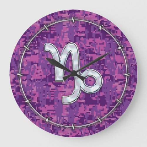 Capricorn Zodiac Sign Pink Digital Camouflage Large Clock