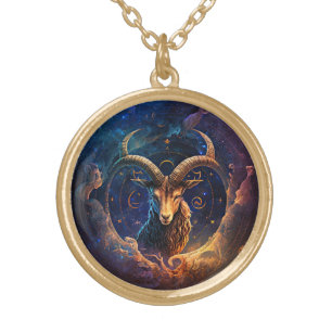 Capricorn Zodiac Sign Watercolor Design Gold Plated Necklace