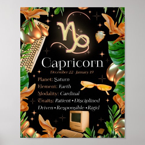 Capricorn Zodiac Star Sign Y2K Black Poster