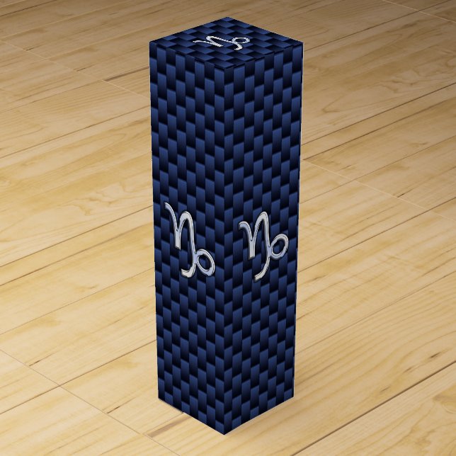 Capricorn Zodiac Symbol Blue Carbon Fiber Style Wine Box (Front)