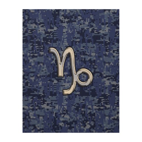 Capricorn Zodiac Symbol Blue Digital Camouflage Wood Wall Art