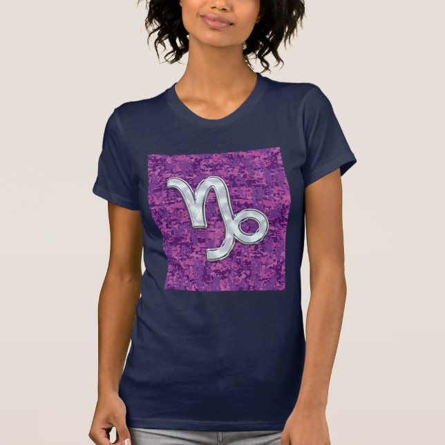 Capricorn Zodiac Symbol Fuchsia Digital Camouflage T-Shirt (Front)