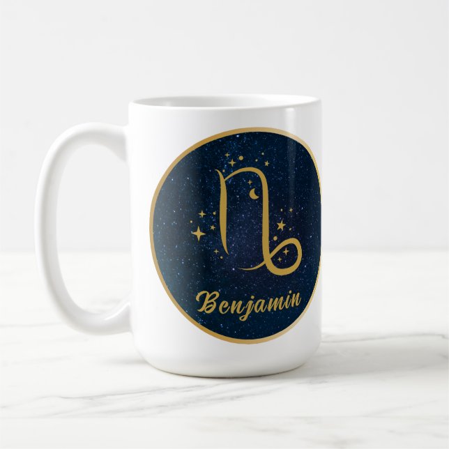 Capricorn zodiac symbol gold blue personalized  coffee mug (Left)