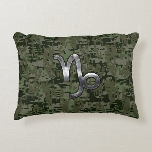 Capricorn Zodiac Symbol Green Digital Camouflage Accent Pillow
