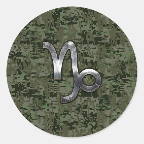 Capricorn Zodiac Symbol Green Digital Camouflage Classic Round Sticker