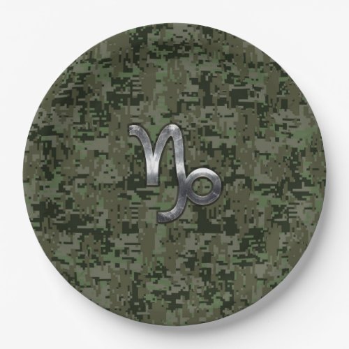 Capricorn Zodiac Symbol Green Digital Camouflage Paper Plates