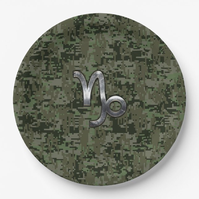 Capricorn Zodiac Symbol Green Digital Camouflage Paper Plates (Front)
