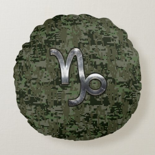Capricorn Zodiac Symbol Green Digital Camouflage Round Pillow