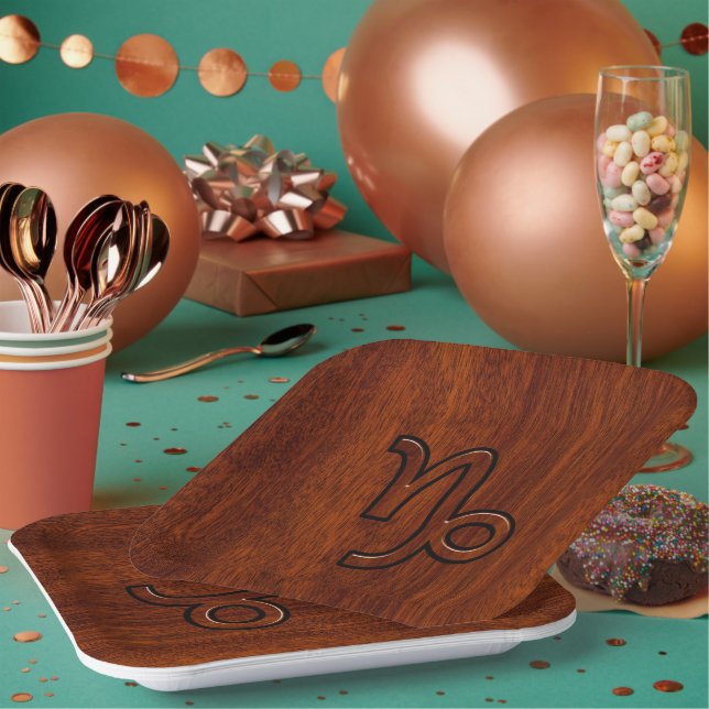Capricorn Zodiac Symbol in Mahogany Brown Paper Plates (Multi)