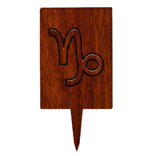Capricorn Zodiac Symbol in Mahogany Wood Style Cake Topper