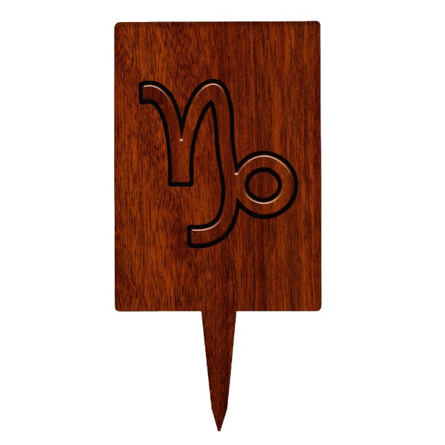 Capricorn Zodiac Symbol in Mahogany Wood Style Cake Topper (Front)